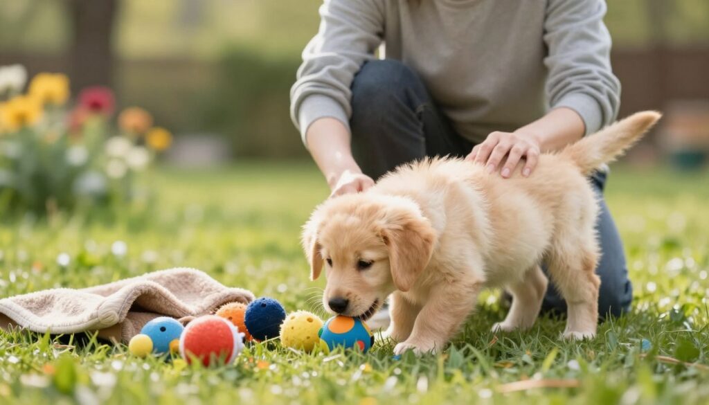 A joyful puppy engaged in socialization and environmental training. In the foreground, the puppy, a fluffy golden retriever, appears playful and curious, sniffing at a variety of safe objects like a colorful toy and a soft blanket. The middle ground features a calm adult, dressed in modest casual clothing, kneeling to guide the puppy while encouraging exploration. The background showcases a vibrant, sunny outdoor setting with lush grass, blooming flowers, and a few trees, suggesting a friendly atmosphere. Soft natural lighting illuminates the scene, enhancing the warmth and positivity of the moment. Capture this moment with a shallow depth of field, focusing on the puppy and the adult while slightly blurring the background, conveying a sense of intimacy in the training experience. hundeverden.com