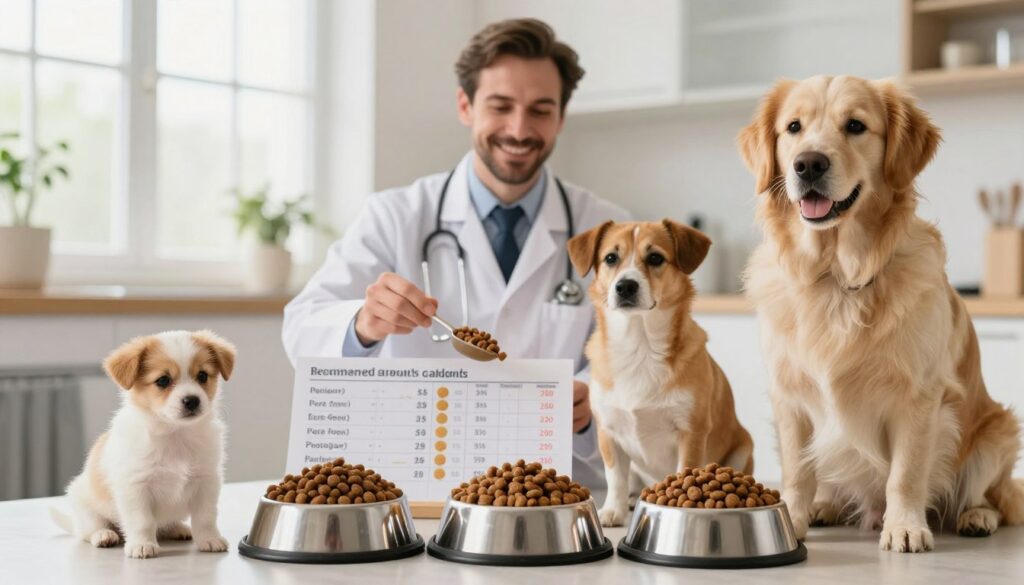 A visually informative scene depicting the recommended amounts of dog food based on the size and age of different breeds. In the foreground, a variety of dog bowls filled with appropriate portions of kibble for a small puppy, a medium-sized adult dog, and a large senior dog. In the middle ground, a friendly veterinarian in a white coat is measuring dog food with a scoop, surrounded by a chart displaying portion sizes and feeding guidelines. The background features a bright, airy kitchen with natural light streaming through a window, creating a warm and inviting atmosphere. The focus is sharp on the bowls and the veterinarian, with a soft bokeh effect on the kitchen setting, emphasizing the informative and caring nature of dog nutrition.