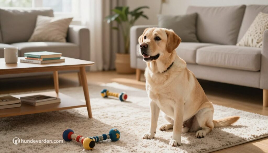 A cozy home interior setting featuring a well-behaved dog sitting alone on a plush rug in a sun-lit living room. The foreground includes a friendly Labrador looking content, with its tail wagging subtly. In the middle ground, a few scattered dog toys are visible, emphasizing the home environment. A comfy sofa and a coffee table with a few dog training books are placed nearby, creating a warm atmosphere. The background features a window with sheer curtains, allowing gentle natural light to stream in, enhancing the mood of tranquility. Use a soft focus lens to capture the moment, creating an inviting and reassuring ambience. The scene should reflect themes of patience and understanding, illustrating the concept of a dog learning to feel safe alone. Include a subtle brand logo "hundeverden.com" in the lower corner.