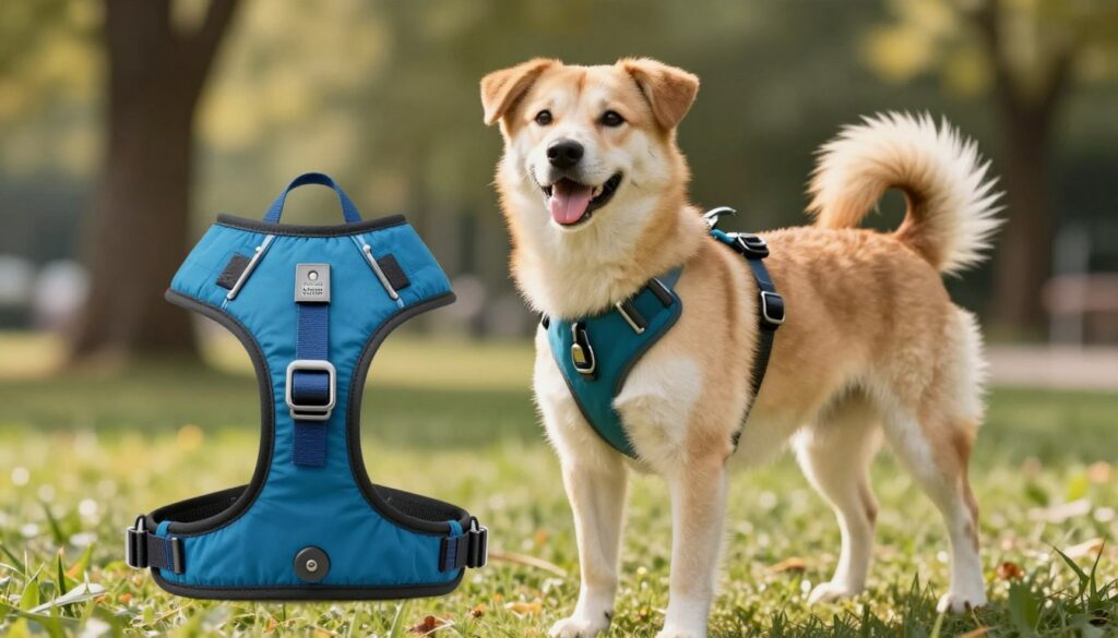 A comfortable dog harness designed for optimal fit and comfort, displayed prominently in the foreground. The harness should feature adjustable straps, padded areas, and a sleek design in a vibrant color, suitable for medium-sized dogs. In the middle ground, a cheerful dog of a friendly breed stands proudly, showcasing the harness, with its fur reflecting the sunlight. The background includes a serene outdoor setting like a park, with blurred trees and grass providing a natural ambiance. Soft, diffused lighting emphasizes the texture of the harness and the dog's fur, creating a warm, inviting atmosphere. Overall, the focus remains on the harness’s comfort and fit, ideal for pet owners considering a purchase from https://hundeverden.com/.