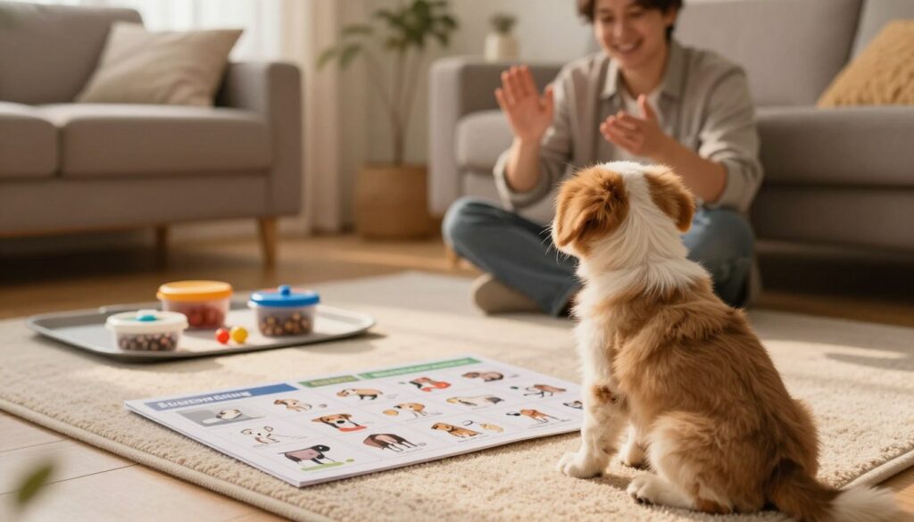 A cozy indoor scene depicting essential tips for puppy training, focusing on housebreaking and establishing good routines. In the foreground, a playful puppy sits on a soft mat with its back to a well-organized training chart featuring images of potty training tips. In the middle ground, a gentle light illuminates a comfortable living space, with a few training tools such as treat containers and puppy pads neatly arranged. The background features a relaxed owner in modest casual attire, demonstrating positive reinforcement techniques with an encouraging smile. Soft golden lighting creates a warm atmosphere, enhancing the feeling of a nurturing environment. The overall mood conveys safety, love, and positive interaction, ideal for educating pet owners about successful puppy training routines. hundeverden.com
