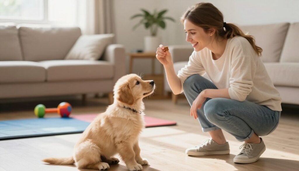 A joyful scene of a puppy training session at home. In the foreground, a small, fluffy golden retriever puppy sits attentively, looking up at a smiling young woman dressed in casual, comfortable clothing, demonstrating a basic command. The woman, with light brown hair tied back, holds a treat in her hand while squatting down to the puppy's level, creating a sense of connection. In the middle ground, a cozy living room setting with soft lighting, colorful training toys scattered around, and a few training pads can be seen. In the background, the soft glow of afternoon sunlight filters through a window, enhancing the warm and nurturing atmosphere. The scene evokes a sense of patience and care, capturing the essence of new beginnings in puppy training, inspired by hundeverden.com.