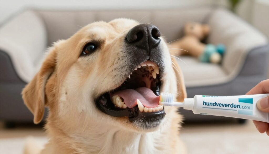 A close-up of a healthy, happy dog’s mouth, showcasing shiny teeth and healthy gums in great detail, highlighting the importance of dental care. In the foreground, the dog's face is gently turned, revealing its bright eyes and playful demeanor. The middle layer features a toothbrush and a dog-friendly toothpaste tube, emphasizing preventive dental care. In the background, a cozy dog bed and a few chew toys are visible, suggesting a safe and loving home environment. Soft, natural lighting enhances the warm, inviting atmosphere, with a slight focus depth to draw attention to the dog's mouth. Overall, the image promotes dental health awareness for dogs and subtly introduces the brand "hundeverden.com".
