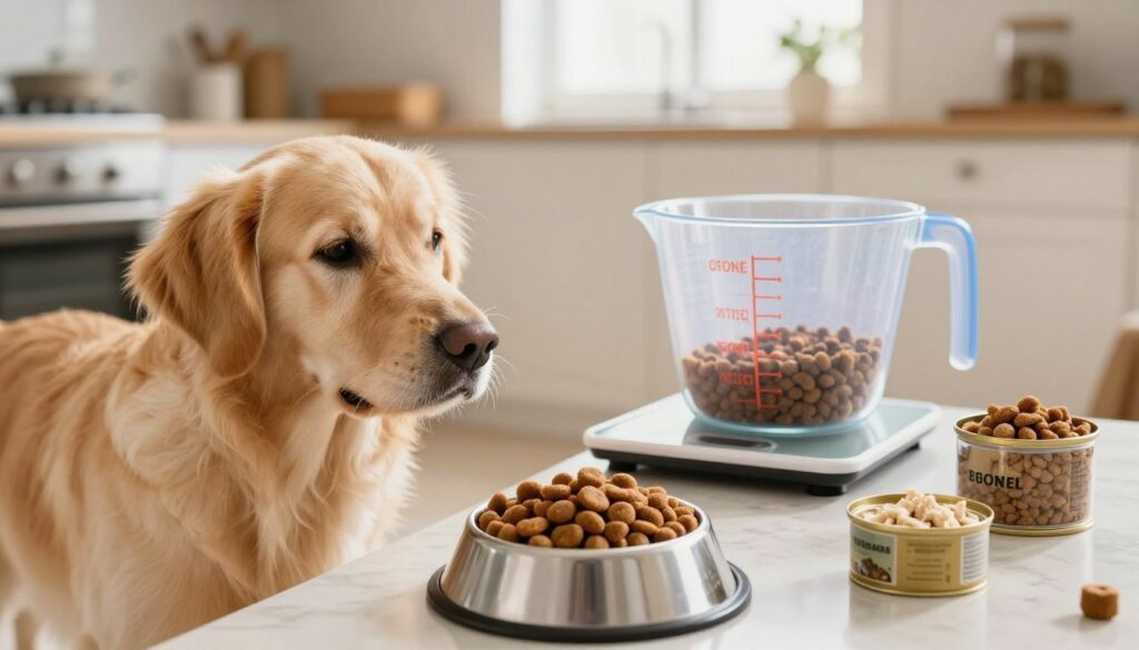 A detailed infographic-style image illustrating the appropriate amount of food a dog should have. In the foreground, a golden retriever is curiously looking at a bowl filled with dog food, appearing well-nourished and healthy. In the middle ground, there’s a measuring cup and a scale measuring the food quantity, with dog food varying in types around it—kibble, wet food, and treats. The background features a cozy kitchen setting, softly lit with warm natural light streaming through a window, creating an inviting atmosphere. The focus should be sharp on the dog and the food items, with a slight blur on the background to enhance depth. The overall mood is educational and encouraging, emphasizing responsible pet care.