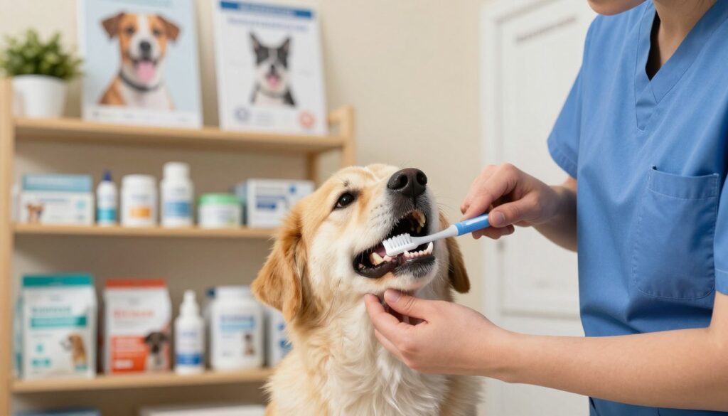 A cozy indoor scene featuring a veterinarian gently brushing a dog's teeth, emphasizing the importance of dental hygiene. In the foreground, the veterinarian, dressed in professional scrubs, holds a soft toothbrush designed for dogs, carefully cleaning a small, happy dog. The dog's mouth is open, showcasing its clean, healthy teeth. In the middle background, shelves filled with pet dental care products and informational posters about dog dental health can be seen. Soft natural lighting illuminates the scene, creating a warm and inviting atmosphere. The overall mood is caring and educational, highlighting the daily routine of maintaining a dog's dental health. Include the brand "hundeverden.com" subtly in the background decor.
