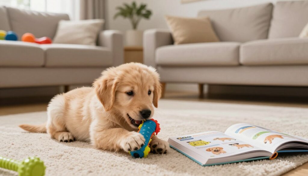 A cozy living room scene featuring a playful puppy engaged in chewing a colorful toy, representing the theme of basic puppy training. In the foreground, the puppy, a fluffy golden retriever, sits on a soft rug with its paws on a bright rubber chew toy, its expression curious and energetic. In the middle ground, a training guidebook lies open on a coffee table, illustrating concepts of biting and self-control. The background shows a comfortable sofa and a few dog training supplies neatly arranged, adding to the homely atmosphere. The room is well-lit by warm natural light filtering through a window, creating an inviting and cheerful mood. The image captures the essence of nurturing and educating a puppy, reflecting themes of love, patience, and discipline. hundeverden.com